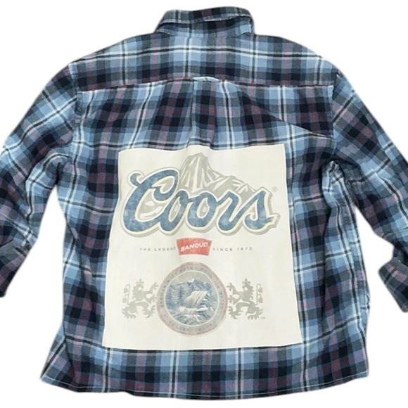 None Tops - Coors Beer Upcycled T Shirt Flannel Top Beach Alcohol Theme